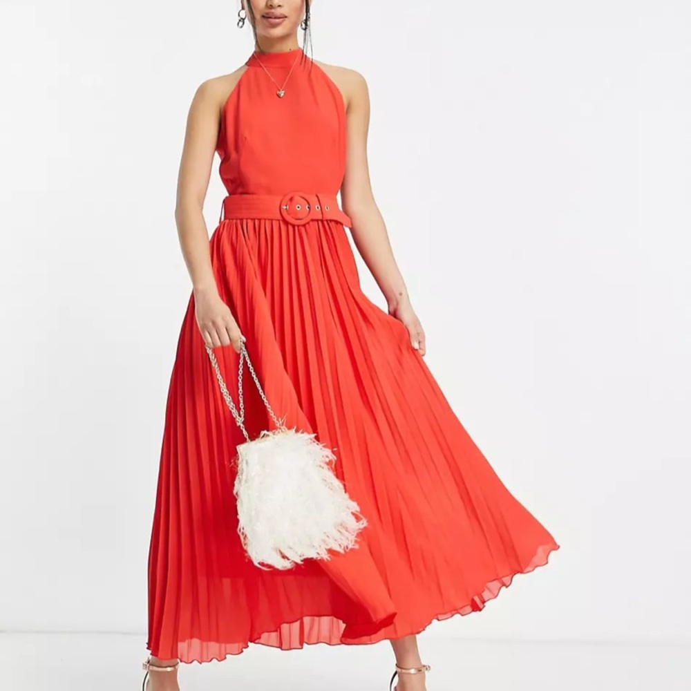 Red/orange belted wedding guest dress